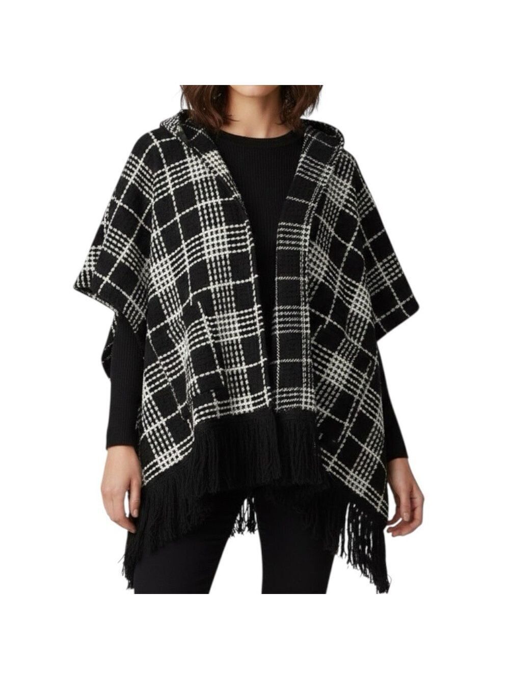 MUSE The Label plaid hooded poncho shawl wrap size medium black & white